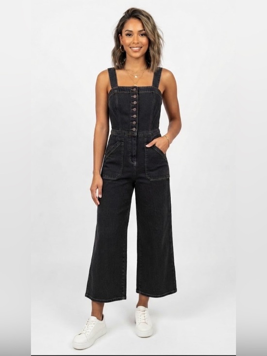 No name Denim - Women's Black Denim Wide-Leg Cropped Overalls Jumpsuit size medium